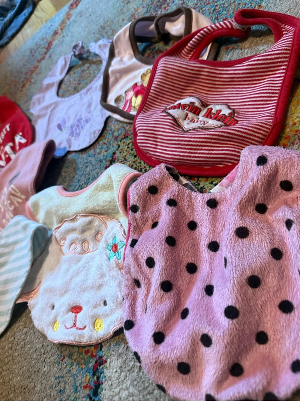 Large Lot of Baby Girl Bibs / Calvin Klein Pink Camouflage / Winnie the Pooh etc